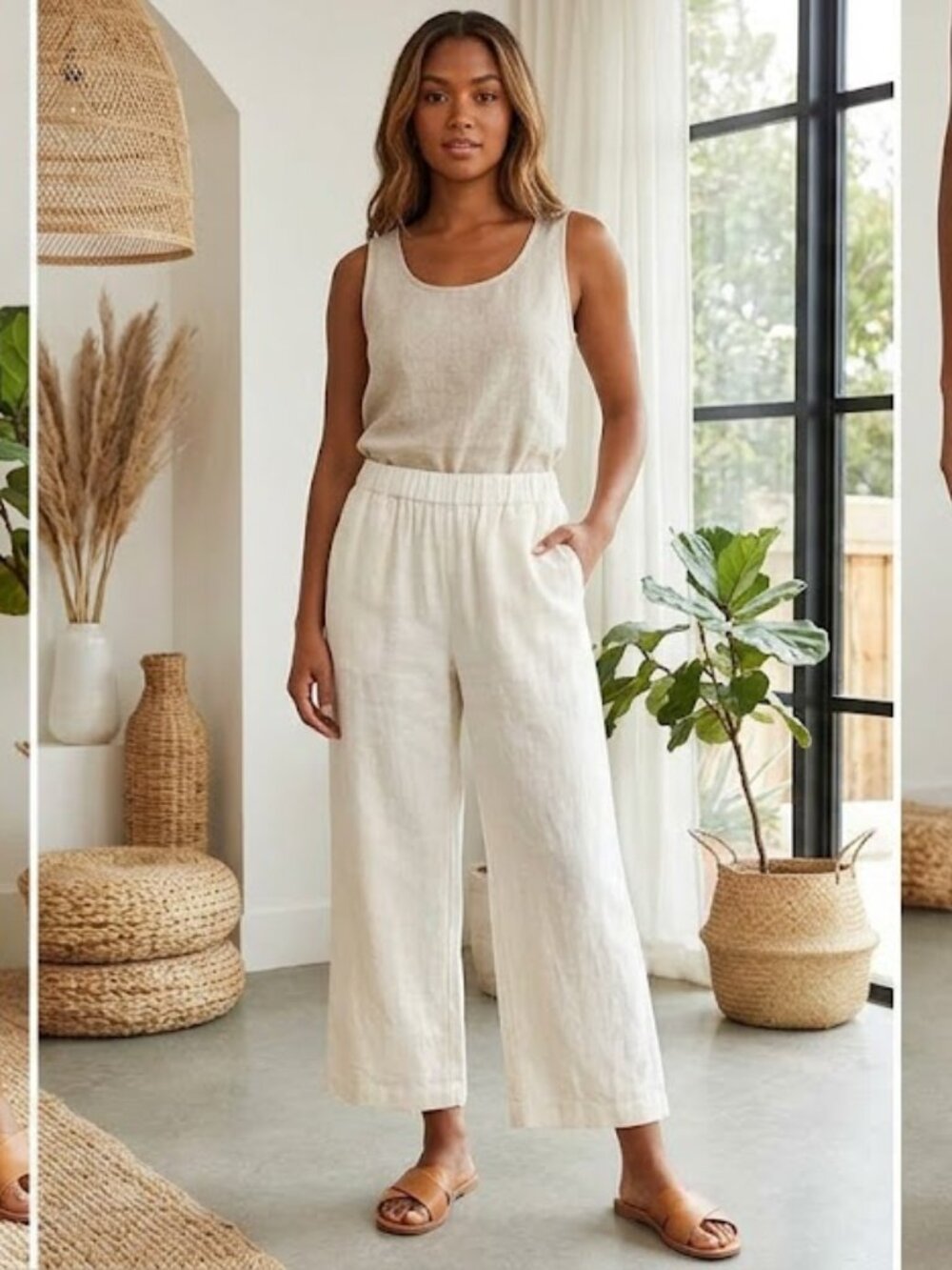 Hot Cotton Women's Cream Linen Cropped Wide-Leg Pants